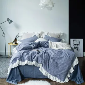 SUSYBAO Blue White Striped Duvet Cover Queen 100% Washed Cotton Denim Blue Ruffle 3 Pieces Set 1 Cute White Lace Duvet Cover with Zipper Ties 2 Pillow Shams Denim Ruffled Bedding Set