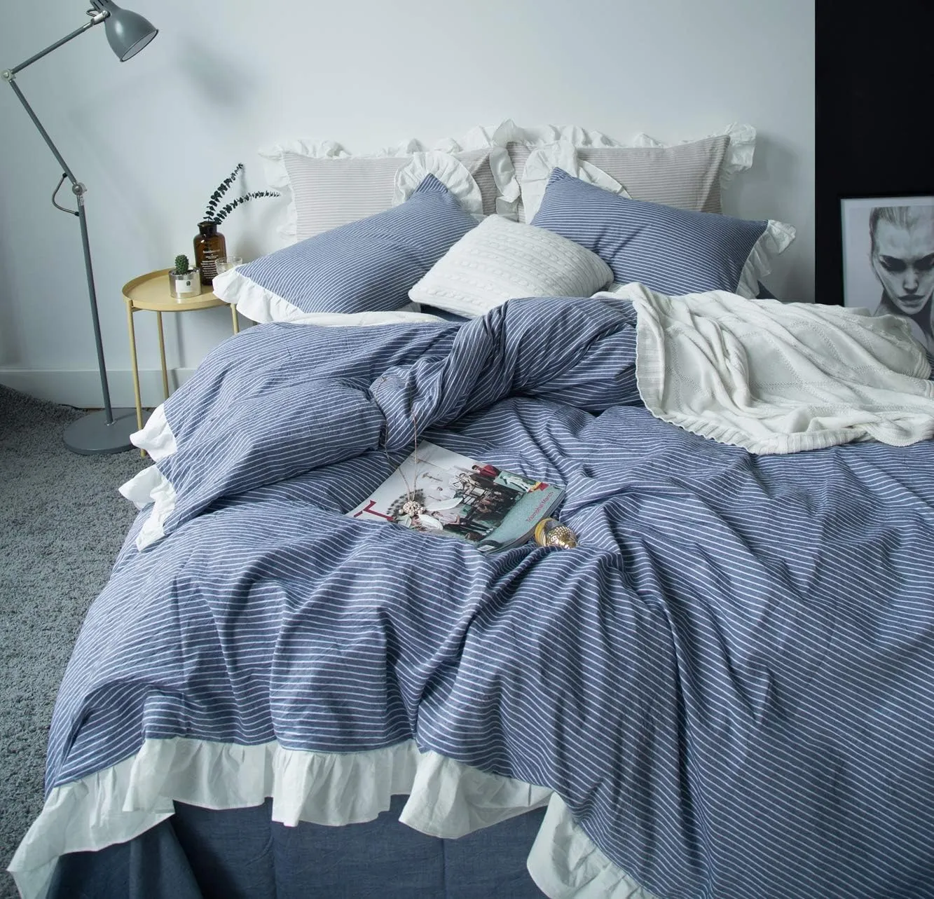 SUSYBAO Blue White Striped Duvet Cover Queen 100% Washed Cotton Denim Blue Ruffle 3 Pieces Set 1 Cute White Lace Duvet Cover with Zipper Ties 2 Pillow Shams Denim Ruffled Bedding Set