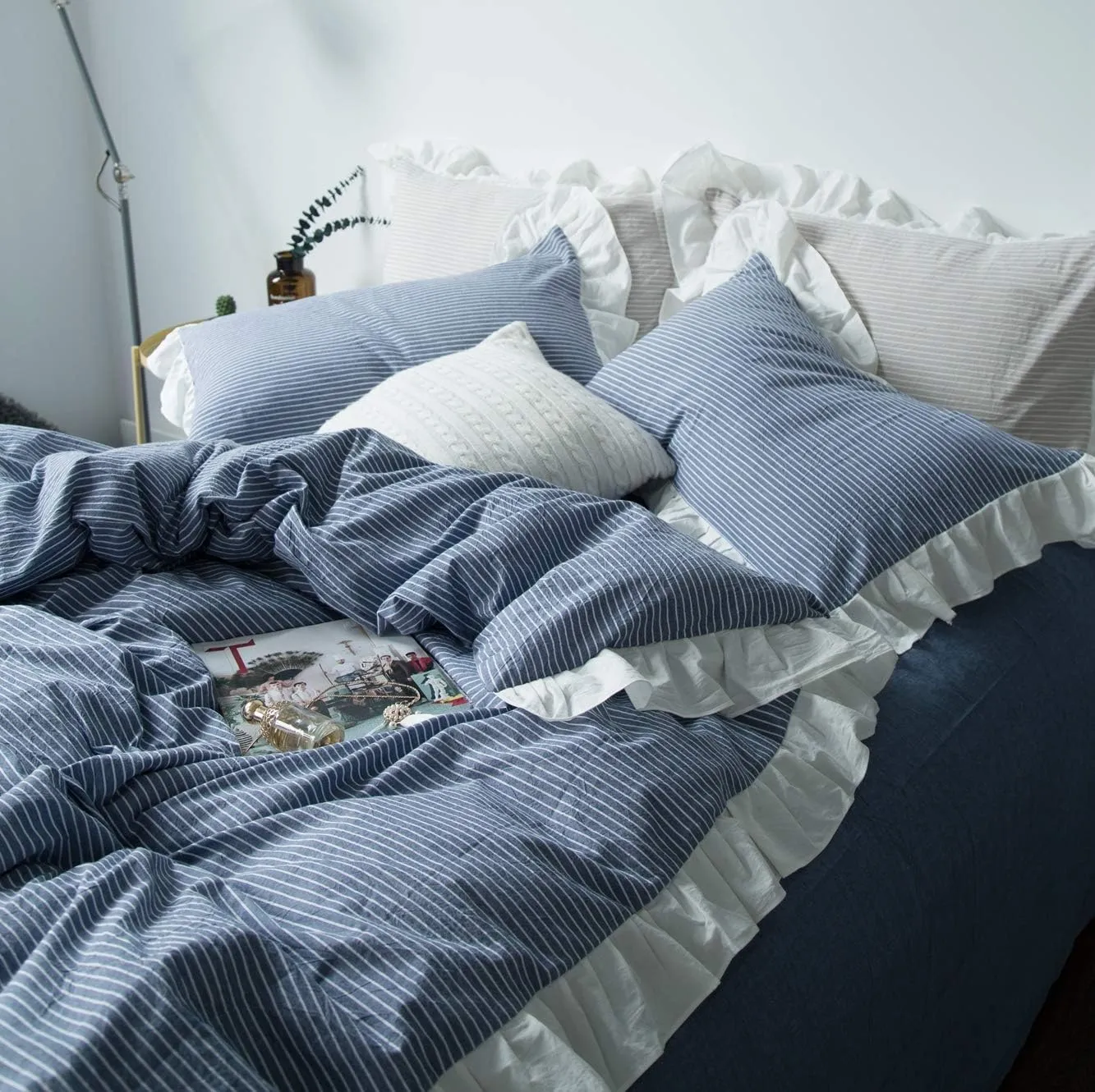 SUSYBAO Blue White Striped Duvet Cover Queen 100% Washed Cotton Denim Blue Ruffle 3 Pieces Set 1 Cute White Lace Duvet Cover with Zipper Ties 2 Pillow Shams Denim Ruffled Bedding Set
