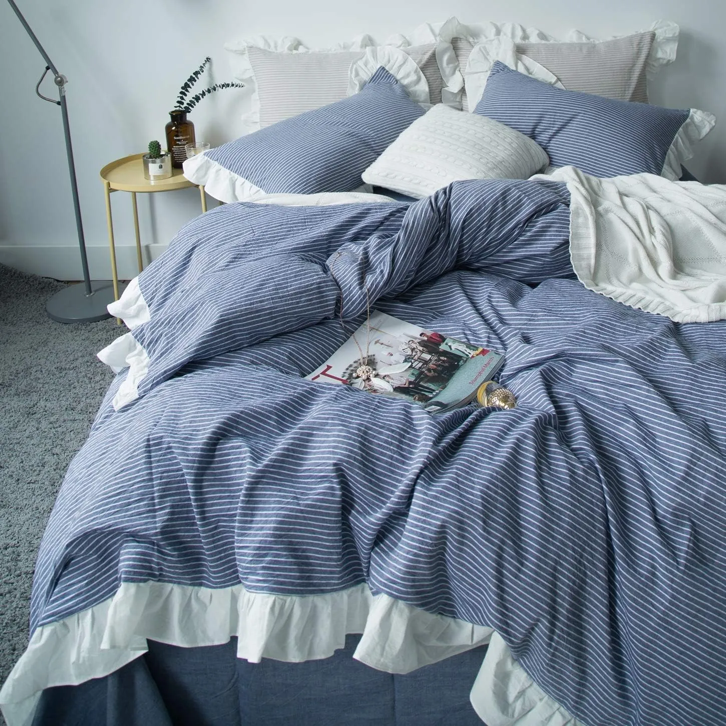 SUSYBAO Blue White Striped Duvet Cover Queen 100% Washed Cotton Denim Blue Ruffle 3 Pieces Set 1 Cute White Lace Duvet Cover with Zipper Ties 2 Pillow Shams Denim Ruffled Bedding Set