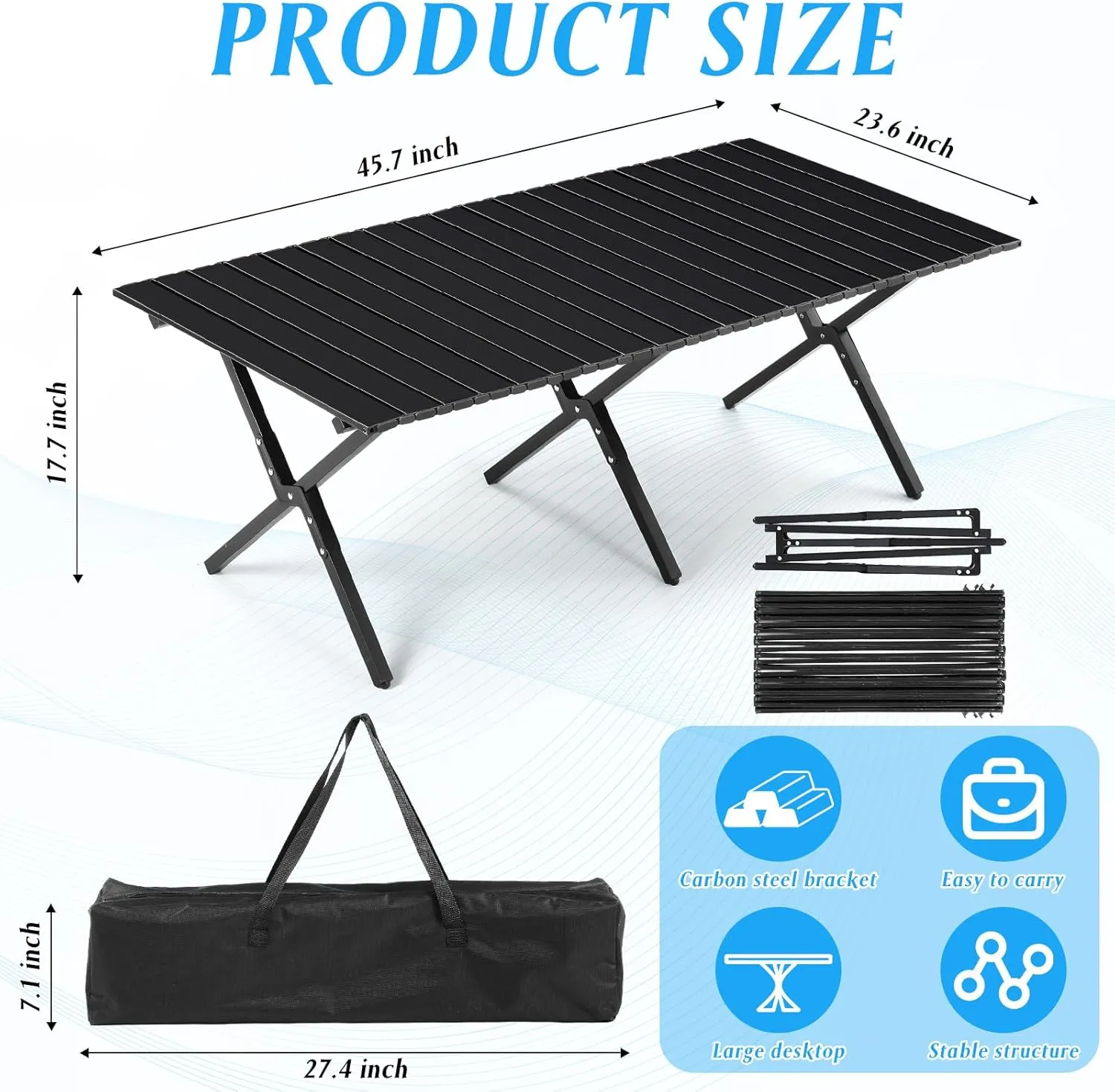Suzile 2 Pack Foldable Low Picnic Table 4 ft Portable Lightweight Camping Table Fold Up Collapsible Roll up Metal Camp with Carry Bag for Party Patio Garden Outside Outdoor Beach(Black)