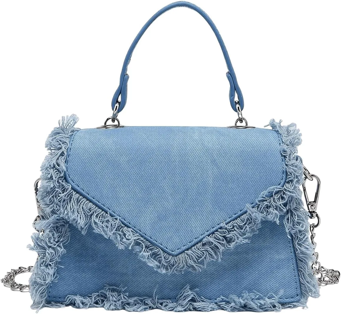 SweatyRocks Women's Small Crossbody Bags Denim Fringed Square Bag Satchel Handbags Purses
