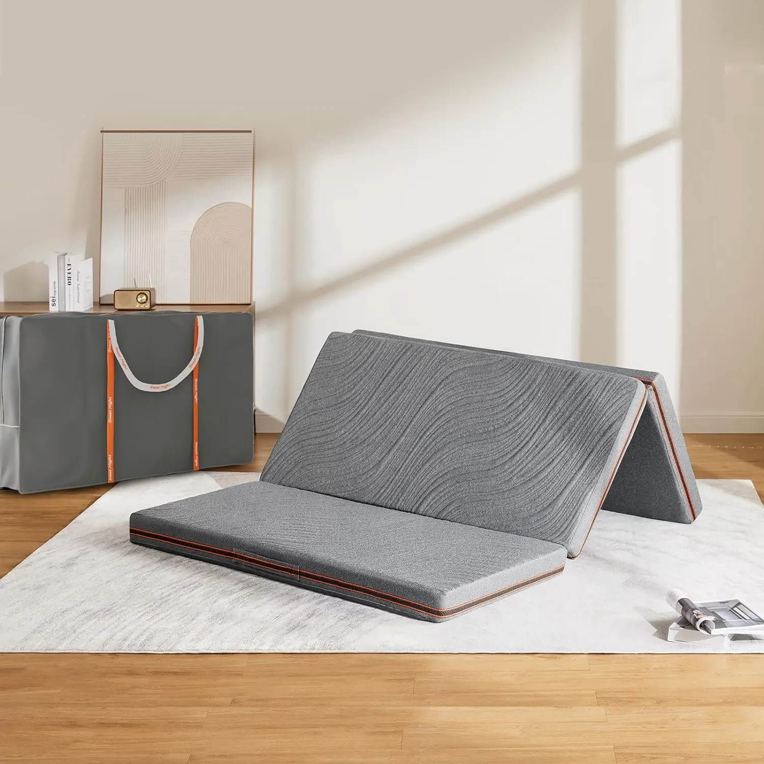 Sweetnight Trifolding Mattress with Storage Bag - 4 Inch Grey Twin XL Size Memory Foam Mattress with Washable Cover | Foldable Memory Foam Topper Portable for RV, Travel, Guest Bed