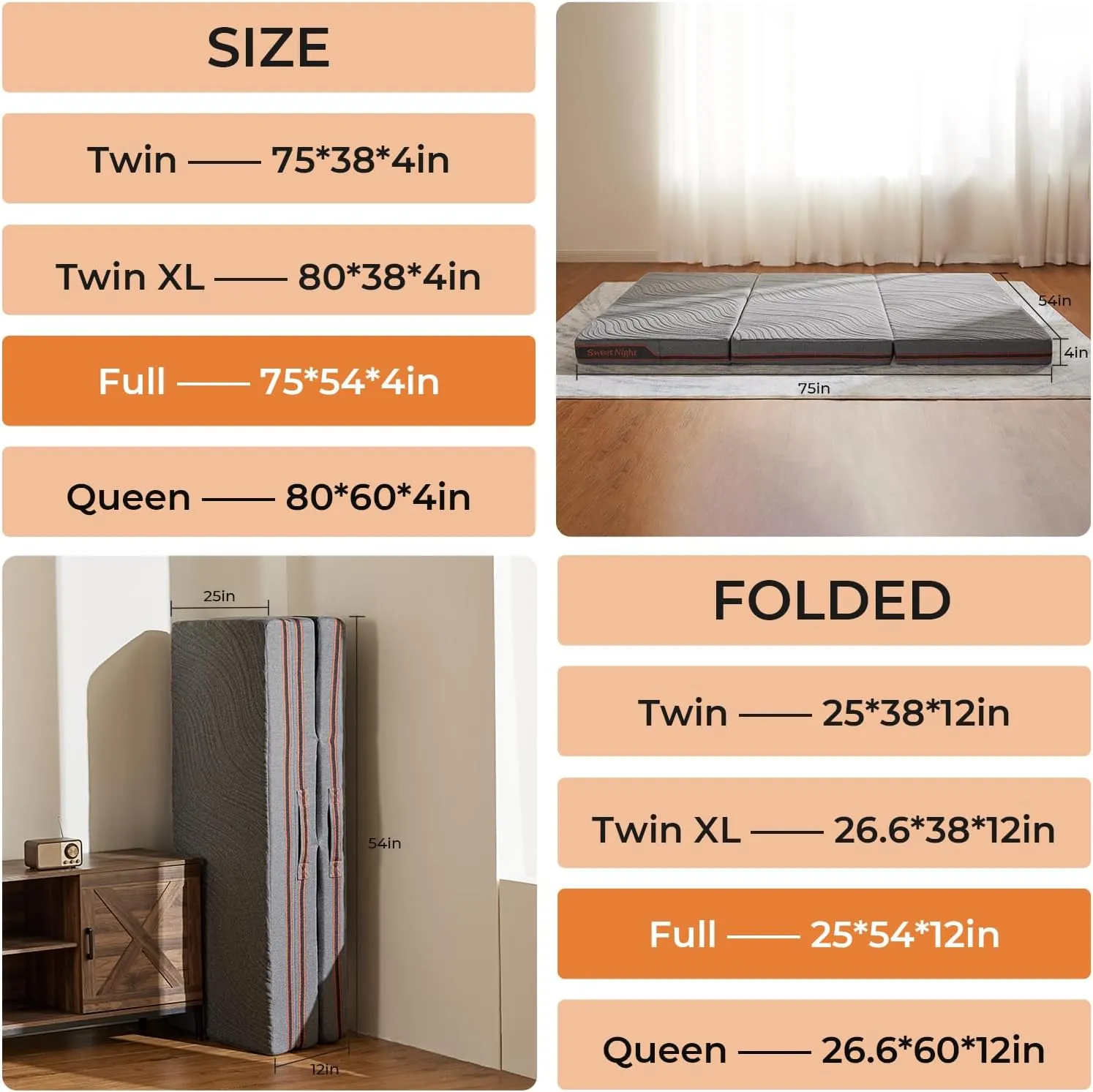 Sweetnight Trifolding Mattress with Storage Bag - 4 Inch Grey Twin XL Size Memory Foam Mattress with Washable Cover | Foldable Memory Foam Topper Portable for RV, Travel, Guest Bed