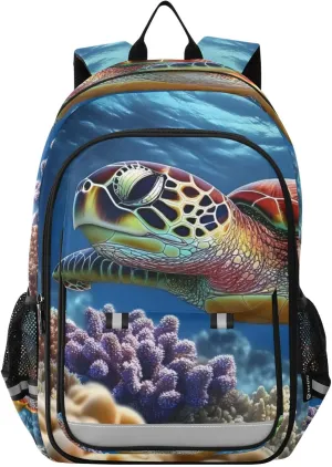Swim Sea Turtle Reef Backpack Travel Laptop Daypack Shoulder Bag Book Bag Daypack with Reflective Strip 12.9 ×17.7 In
