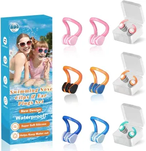 Swimming Nose Clip Ear Plugs - 9 Packs Silicone Swim Nose Plugs with Earplugs for Kids,Waterproof Pool Nose Plugs for Diving Surfing and Other Water Sports with Storage Box,Multi-Color
