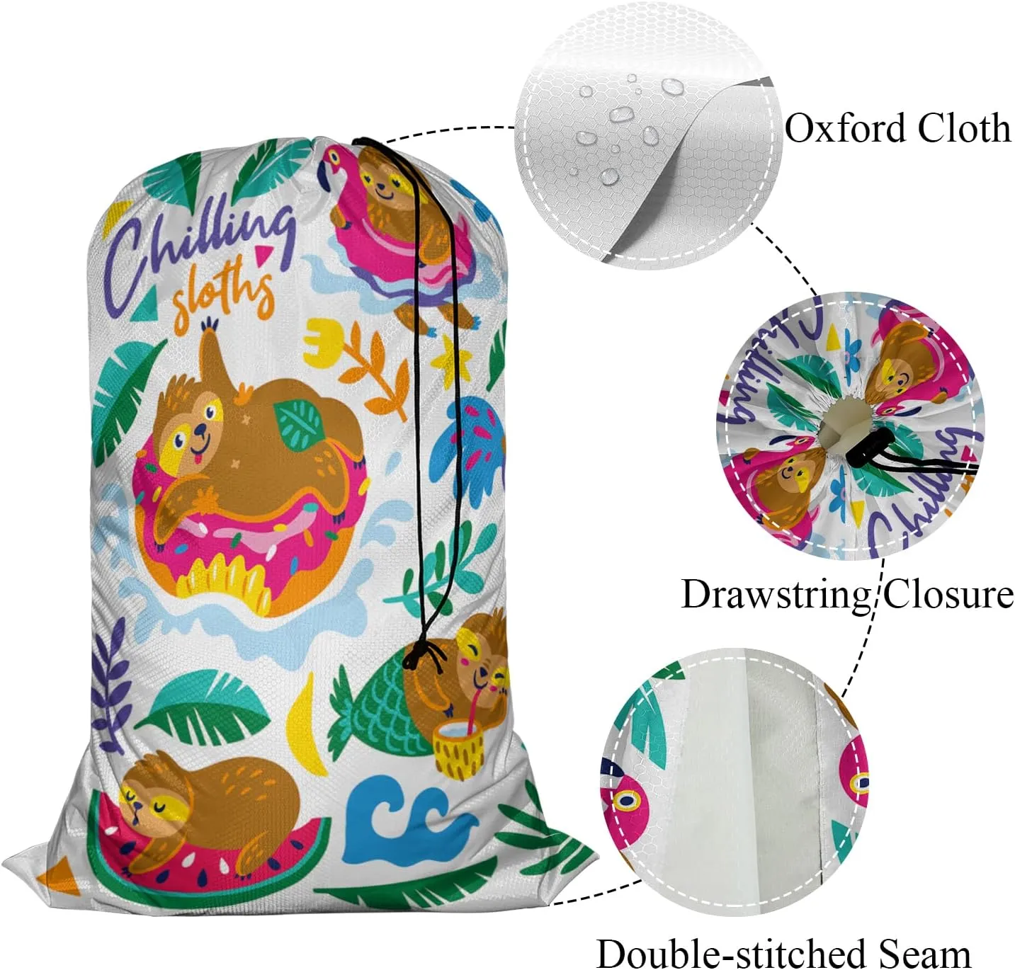 Swono Adorable Sloth Drawstring Portable Large Capacity Laundry Bags Animal Enjoy Summer Vacation Palm Leaf Travel Storage Bags for Apartments, Vacations, Home