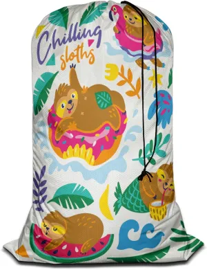 Swono Adorable Sloth Drawstring Portable Large Capacity Laundry Bags Animal Enjoy Summer Vacation Palm Leaf Travel Storage Bags for Apartments, Vacations, Home