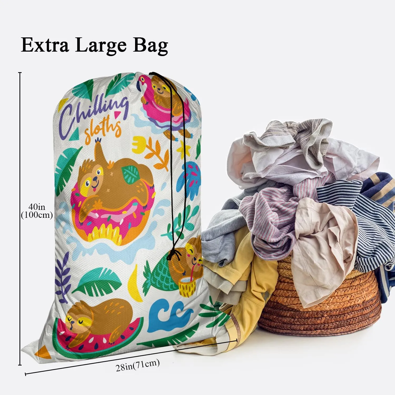 Swono Adorable Sloth Drawstring Portable Large Capacity Laundry Bags Animal Enjoy Summer Vacation Palm Leaf Travel Storage Bags for Apartments, Vacations, Home