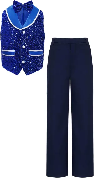 Sywiyi Boys Sequin Bowtie Suit Vest Waistcoat with Pants Set Kids Prom Party Genlteman 2 Piece Dance Outfits
