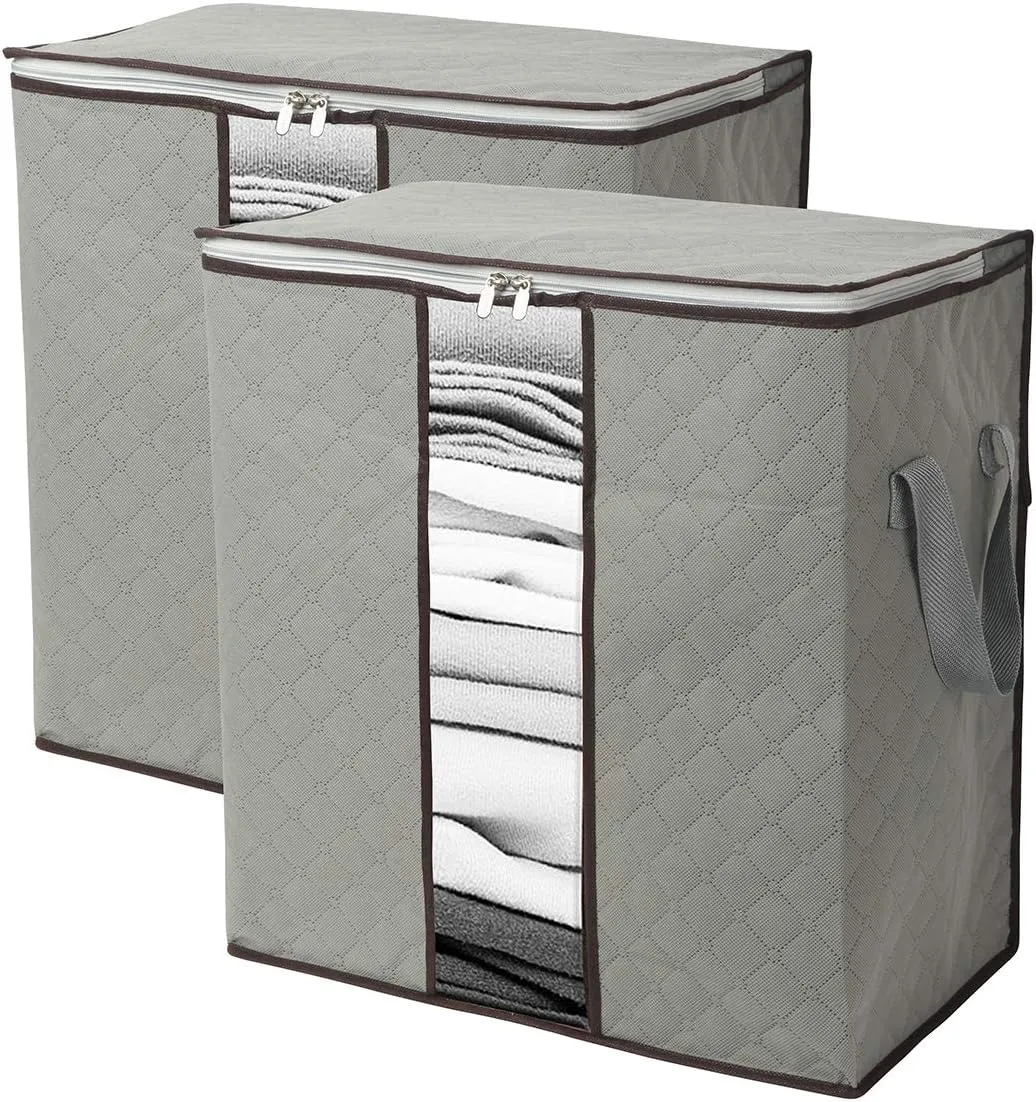 Szxc 2 Pack Foldable Erect Storage Bags Under Bed Closet Organizer 18 x 11 x 19 inch (L x W x H) - for Quilt Blanket Pillow Clothes Bedding - Clear Window & Handles - Easy to Fit 5 Throw Pillows