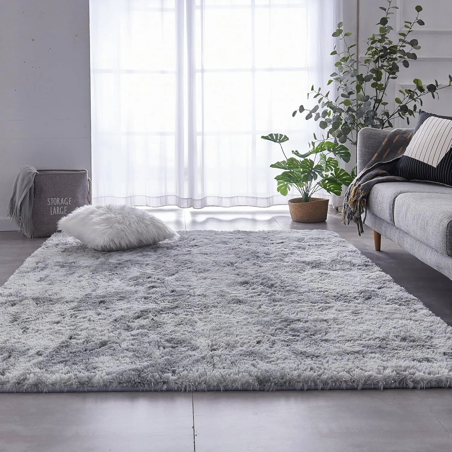 TABAYON Shag Area Rug, 4'x6' Tie-Dyed Light Grey Indoor Ultra Soft Plush Rugs for Living Room, Non-Skid Modern Nursery Faux Fur Rugs for Home Decor