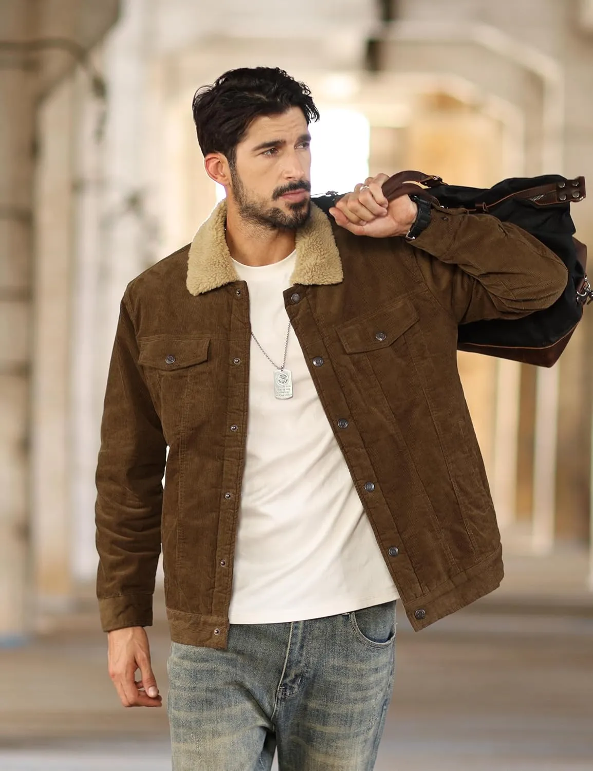 TACVASEN Men's Corduroy Jacket Fleece Sherpa Lined Winter Coats Warm Thick Cotton Casual Trucker Cargo Jacket