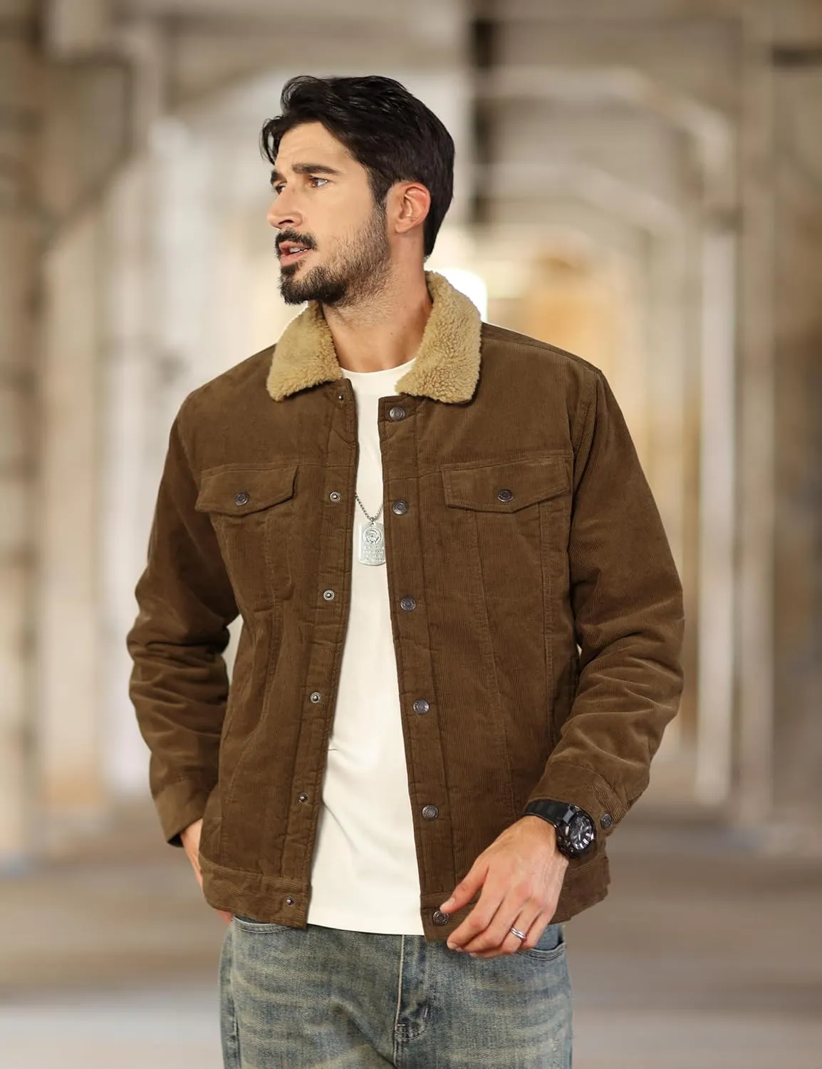 TACVASEN Men's Corduroy Jacket Fleece Sherpa Lined Winter Coats Warm Thick Cotton Casual Trucker Cargo Jacket