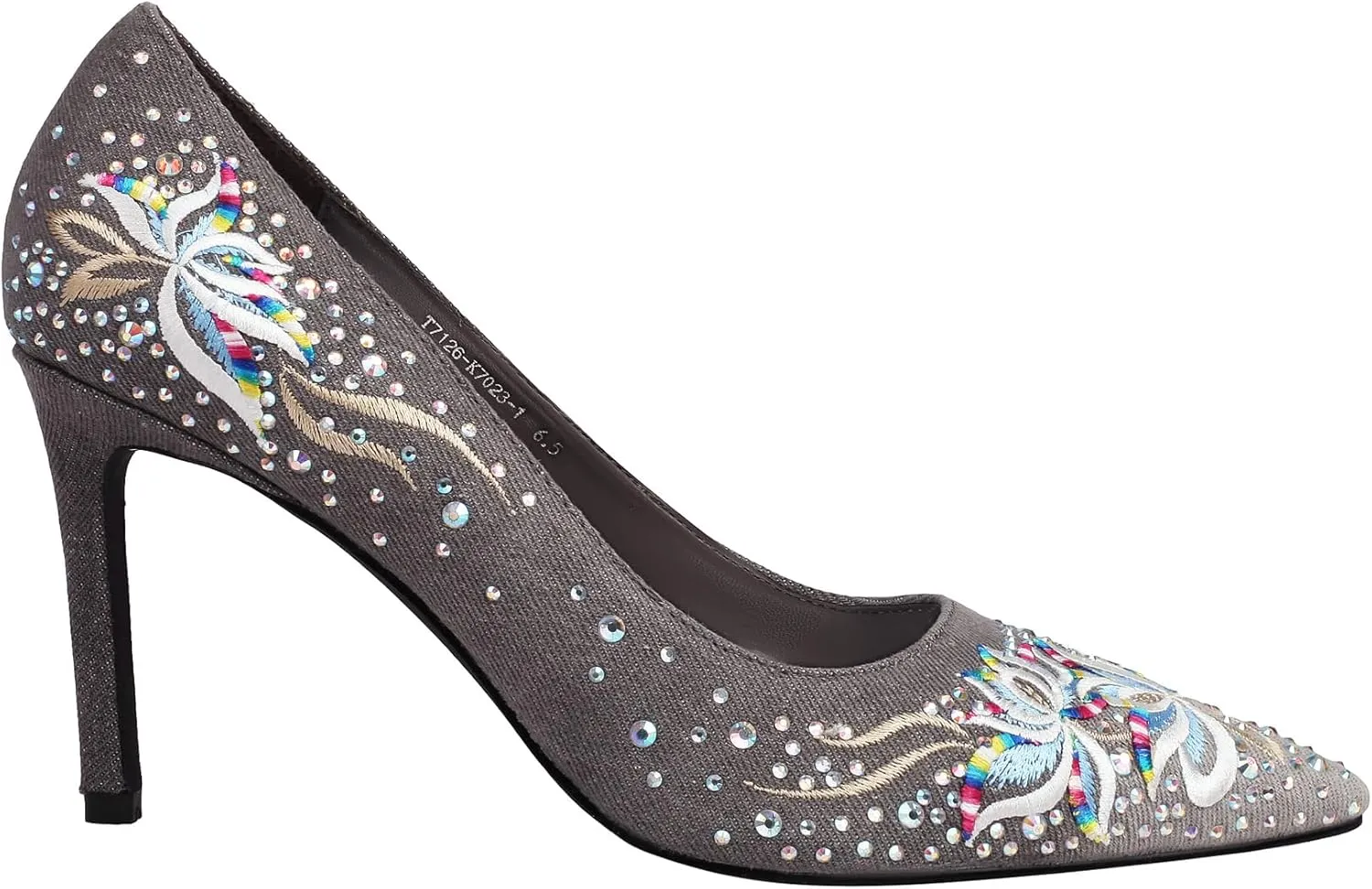 TAEPUSR Women's High Pumps, Embroidered Rhinestone High Heels, Denim Pointed Heels, 3.42 Inch, Suitable for Wedding, Party, Daily Wear