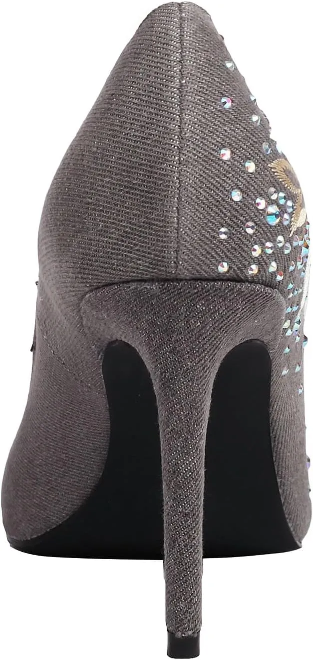 TAEPUSR Women's High Pumps, Embroidered Rhinestone High Heels, Denim Pointed Heels, 3.42 Inch, Suitable for Wedding, Party, Daily Wear