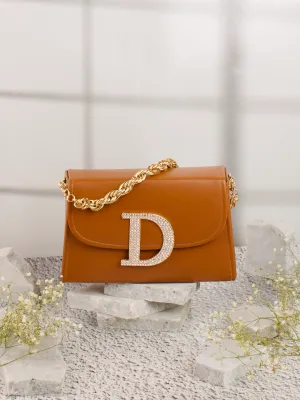 Tan D Alphabhet Intial Embellised Flap Bag
