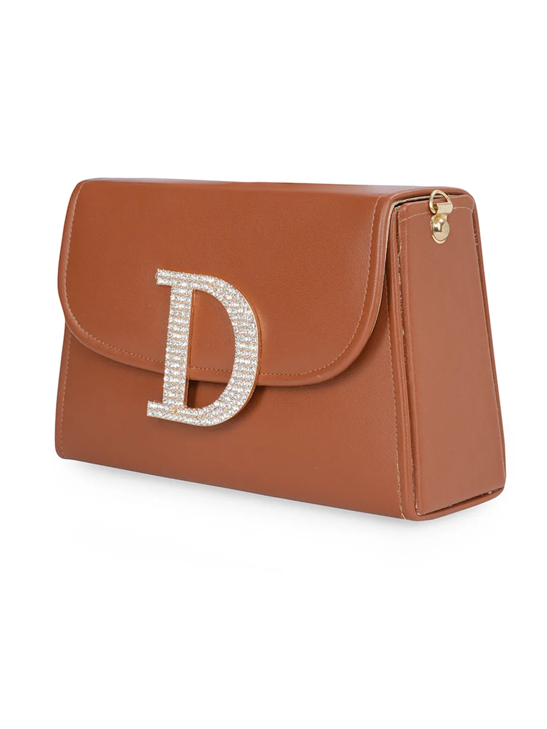 Tan D Alphabhet Intial Embellised Flap Bag