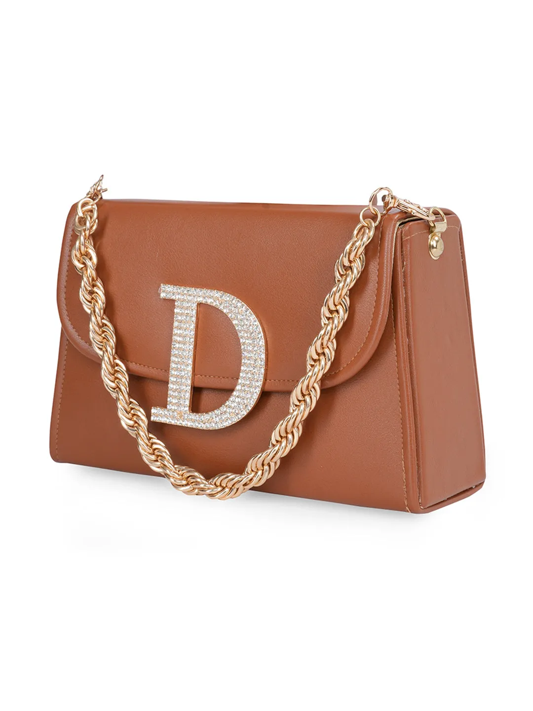 Tan D Alphabhet Intial Embellised Flap Bag