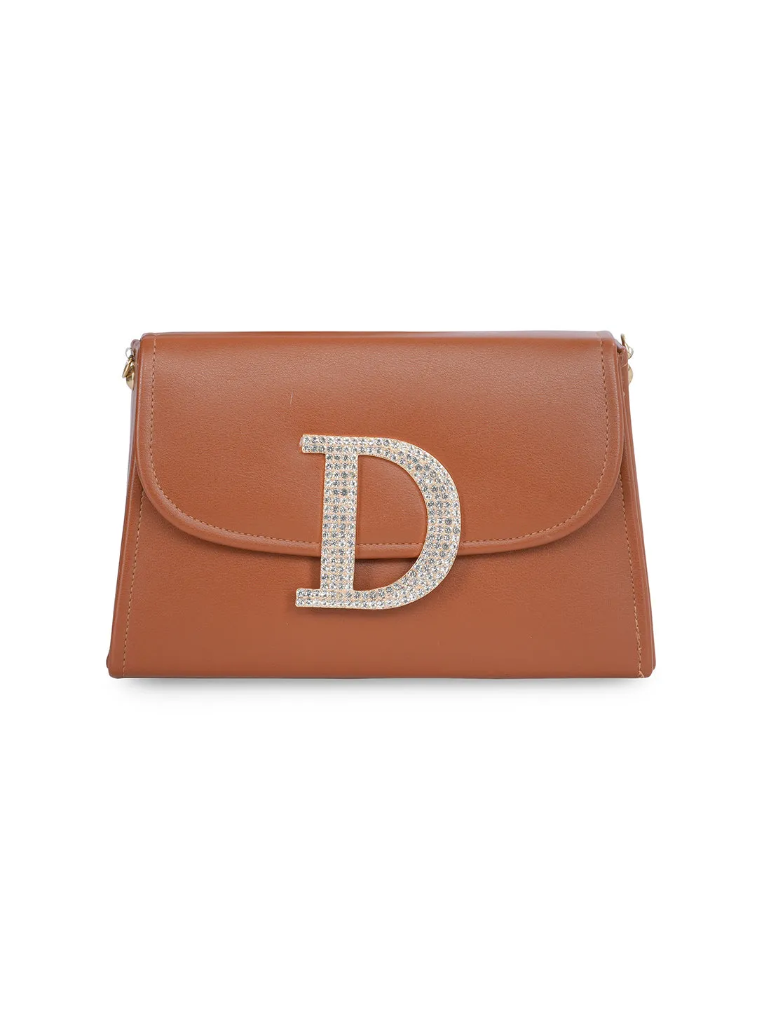 Tan D Alphabhet Intial Embellised Flap Bag