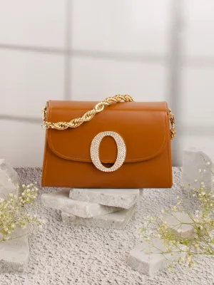 Tan O Alphabhet Intial Embellised Flap Bag