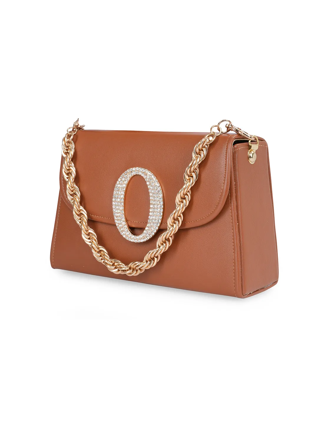 Tan O Alphabhet Intial Embellised Flap Bag