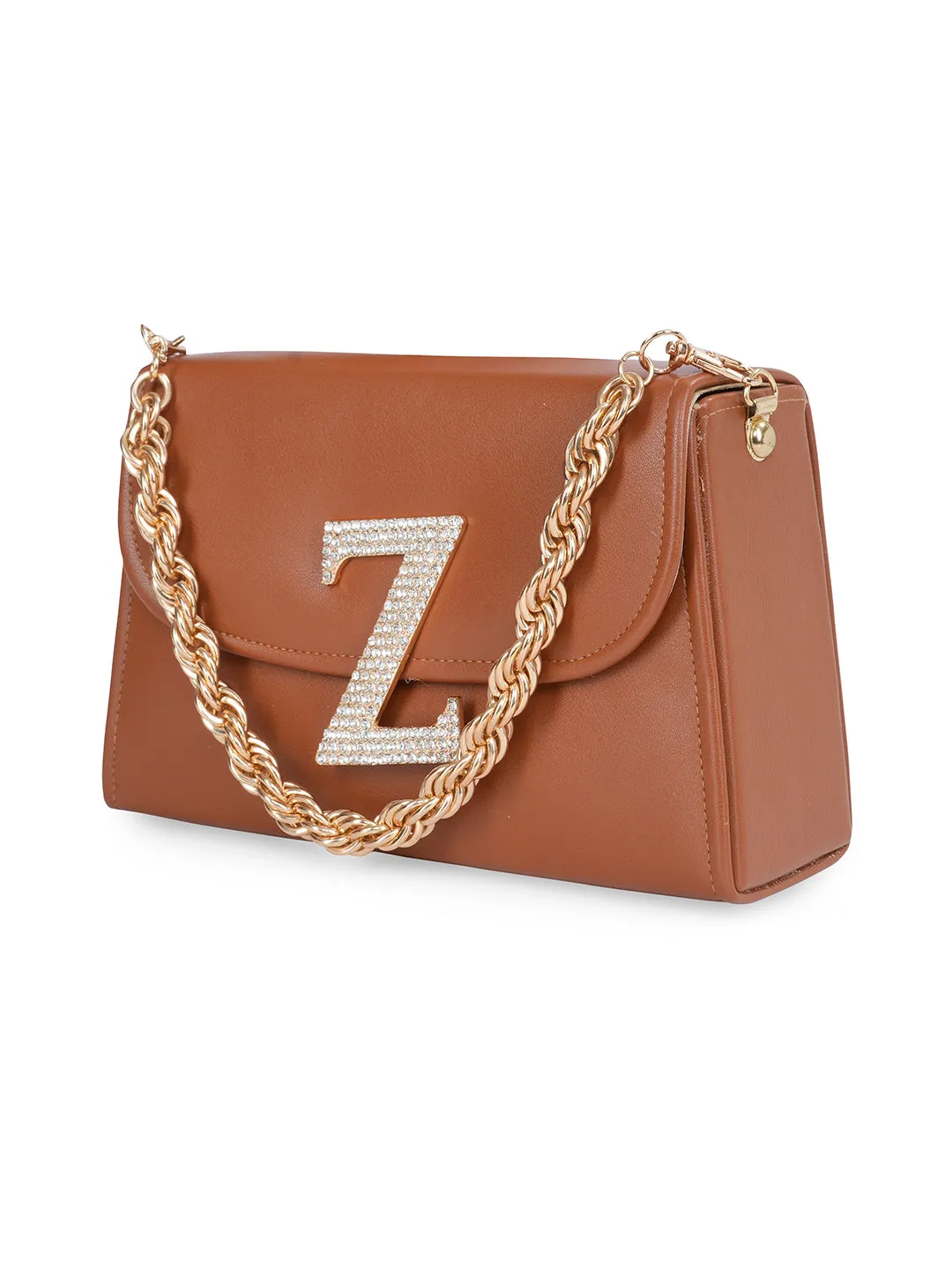 Tan Z Alphabhet Intial Embellised Flap Bag