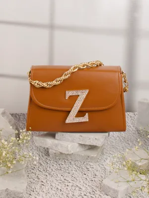 Tan Z Alphabhet Intial Embellised Flap Bag