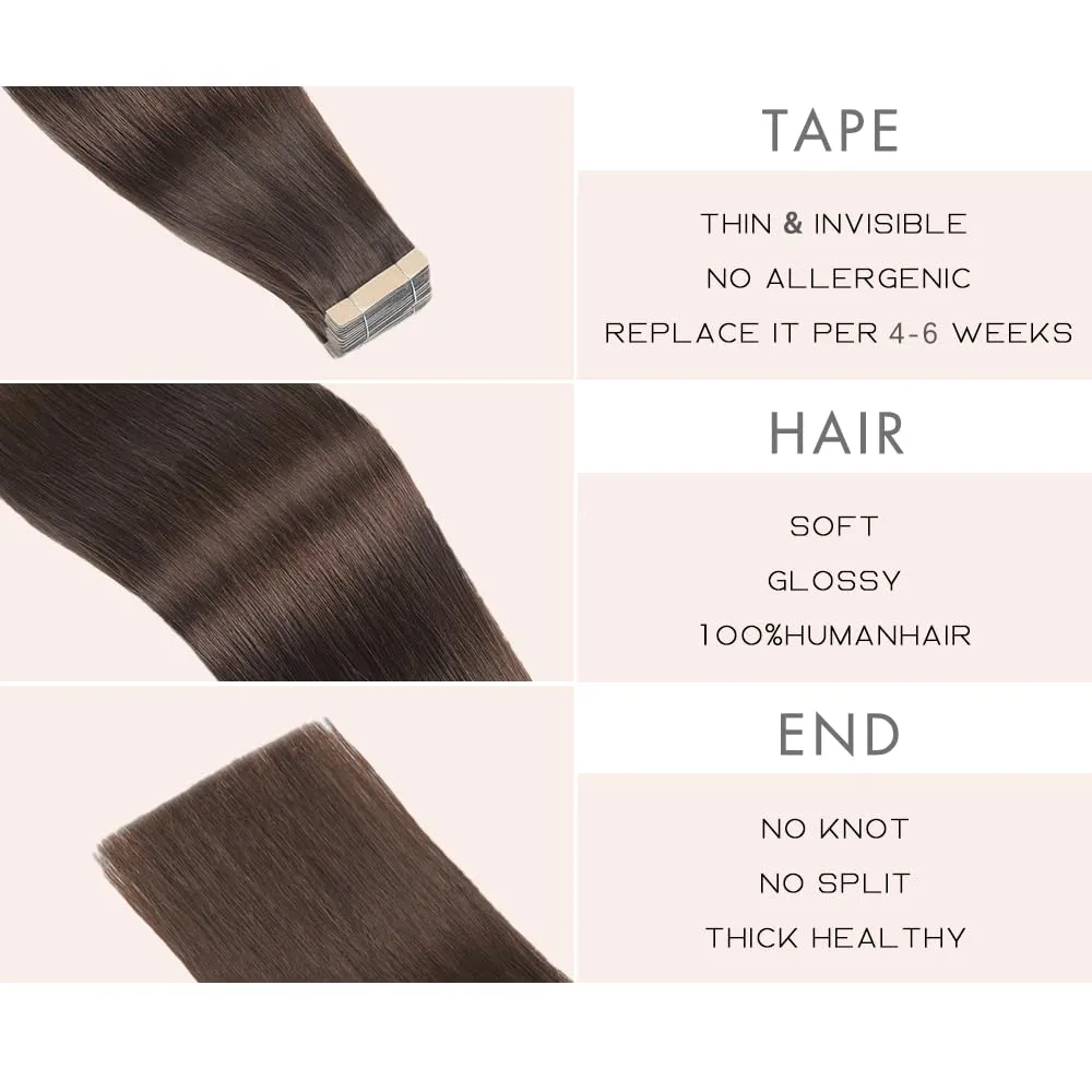 Tape in Hair Extensions Human Hair 20pcs Remy Hair Extensions 22 Inch Darkest Brown Straight Invisible Human Hair Tape in Extensions Double Sided Skin Weft Hair (2#,22 Inch)