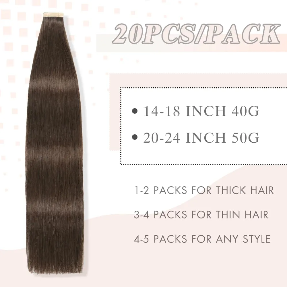 Tape in Hair Extensions Human Hair 20pcs Remy Hair Extensions 22 Inch Darkest Brown Straight Invisible Human Hair Tape in Extensions Double Sided Skin Weft Hair (2#,22 Inch)