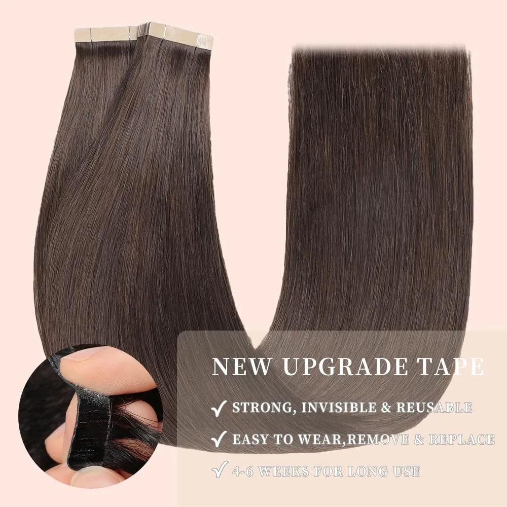Tape in Hair Extensions Human Hair 20pcs Remy Hair Extensions 22 Inch Darkest Brown Straight Invisible Human Hair Tape in Extensions Double Sided Skin Weft Hair (2#,22 Inch)