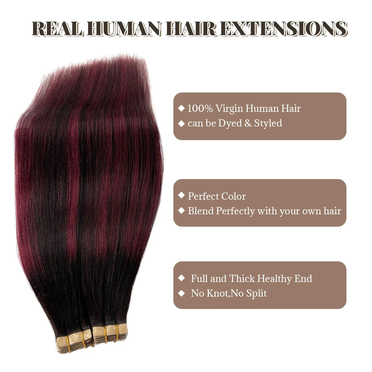 Tape in Hair Extensions Human Hair Yaki Straight Natural Black Mixed Burgundy Color Hair Extensions Real Human Hair 12 Inch 50g/pack 20pcs Tape in Hair Extensions Remy Human Hair for Black Women
