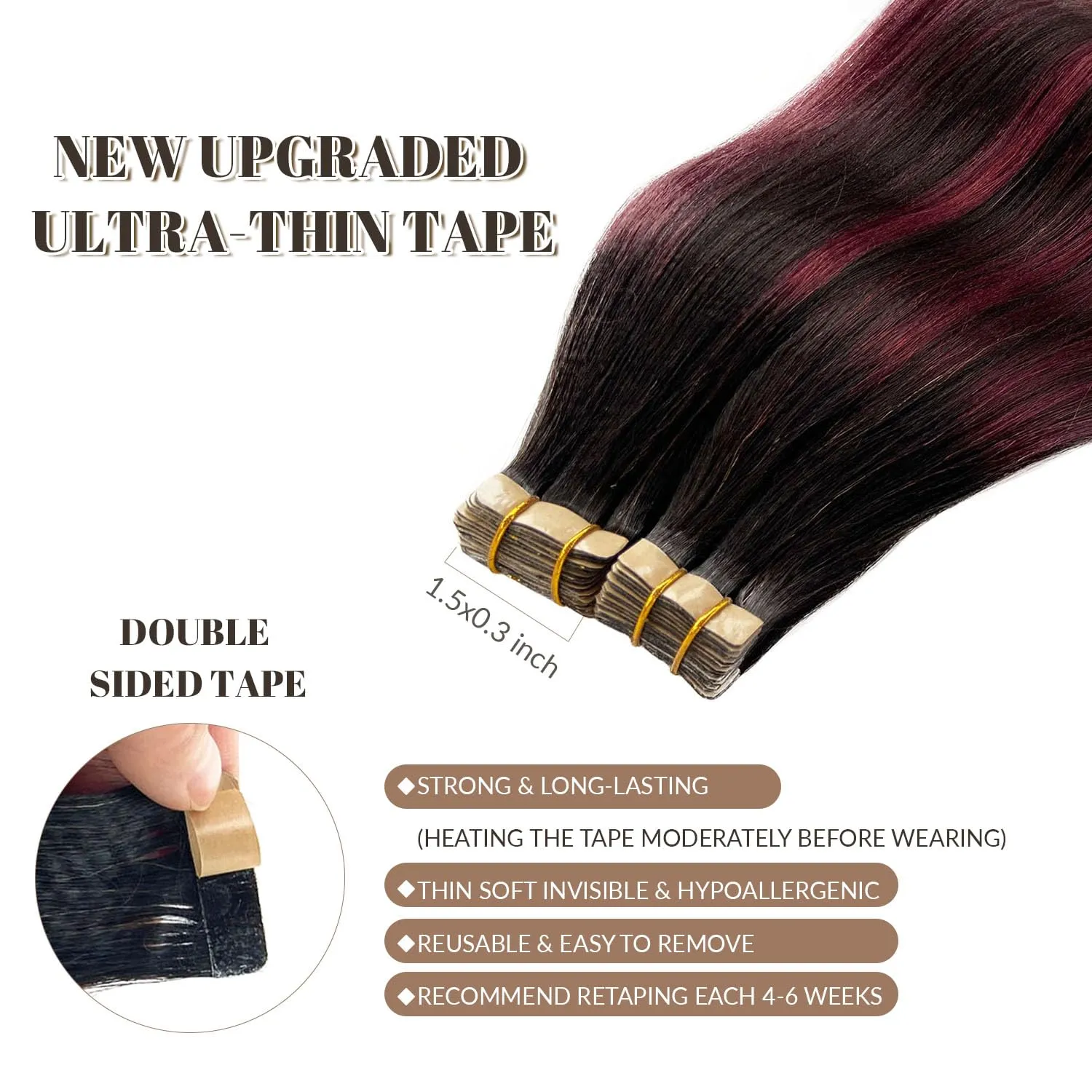 Tape in Hair Extensions Human Hair Yaki Straight Natural Black Mixed Burgundy Color Hair Extensions Real Human Hair 12 Inch 50g/pack 20pcs Tape in Hair Extensions Remy Human Hair for Black Women