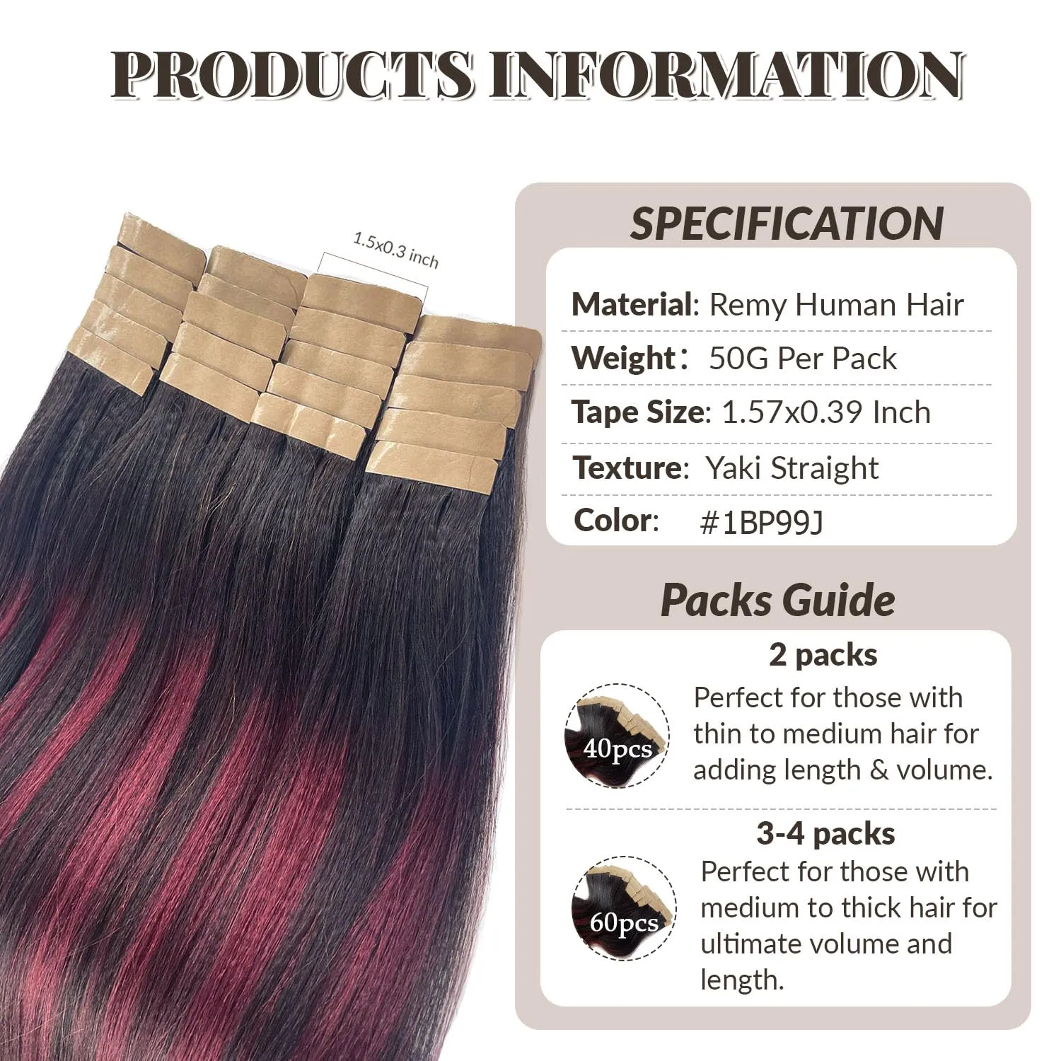 Tape in Hair Extensions Human Hair Yaki Straight Natural Black Mixed Burgundy Color Hair Extensions Real Human Hair 12 Inch 50g/pack 20pcs Tape in Hair Extensions Remy Human Hair for Black Women