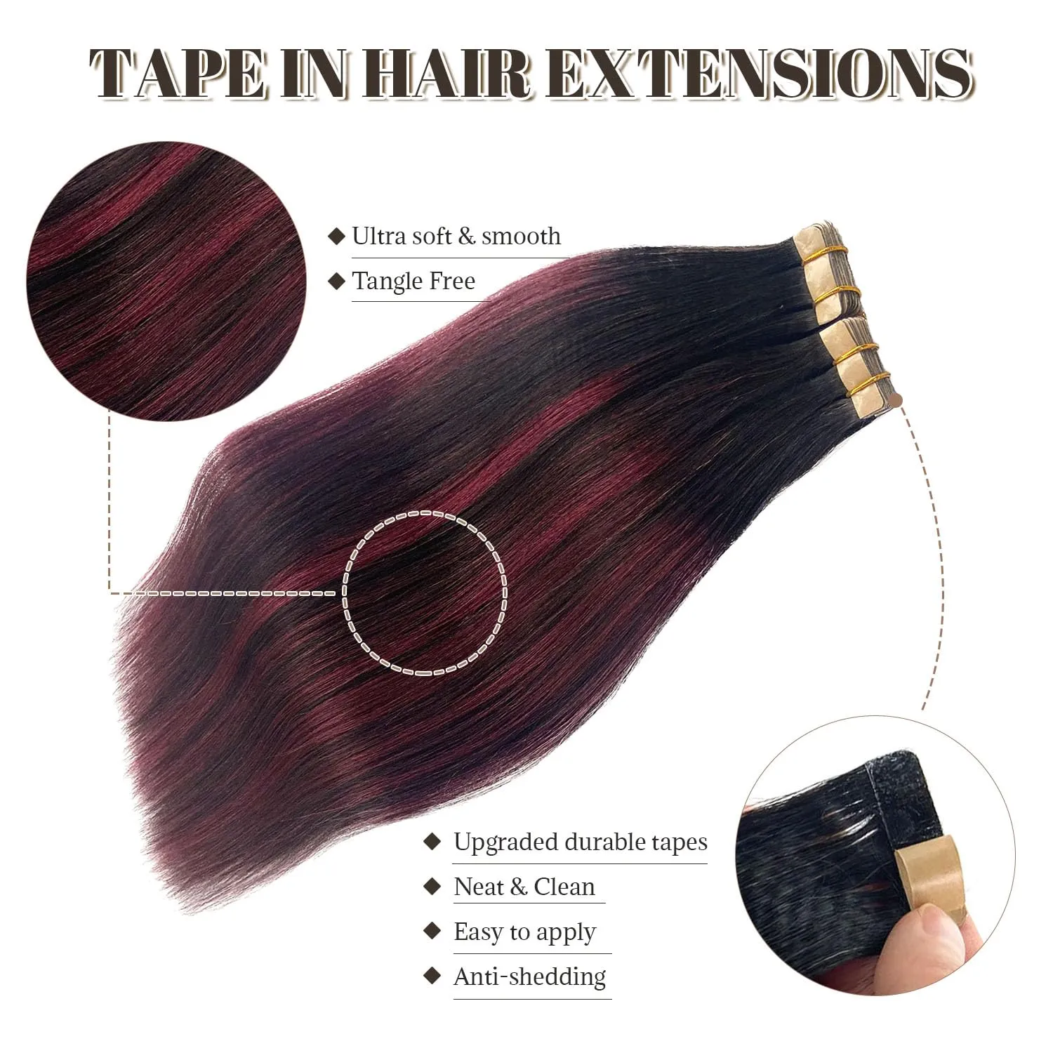 Tape in Hair Extensions Human Hair Yaki Straight Natural Black Mixed Burgundy Color Hair Extensions Real Human Hair 12 Inch 50g/pack 20pcs Tape in Hair Extensions Remy Human Hair for Black Women