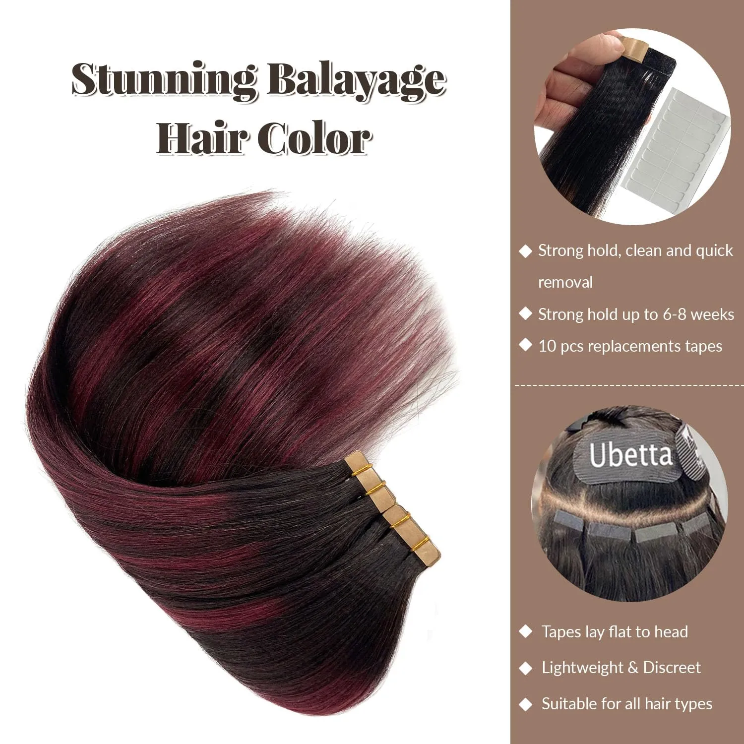 Tape in Hair Extensions Human Hair Yaki Straight Natural Black Mixed Burgundy Color Hair Extensions Real Human Hair 12 Inch 50g/pack 20pcs Tape in Hair Extensions Remy Human Hair for Black Women