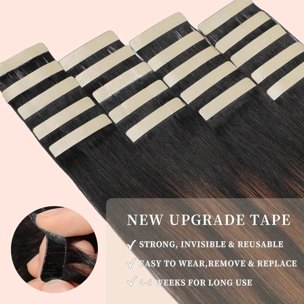 Tape in Hair Extensions Real Human Hair 2 Inch Balayage Natural Black Mixed Chestnut Brown Skin Weft Hair Extension Invisible Tape in Hair Extensions for Women 20pcs (1B/1B/6#,22 Inch)