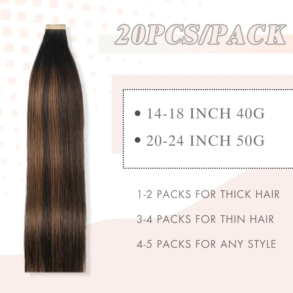 Tape in Hair Extensions Real Human Hair 2 Inch Balayage Natural Black Mixed Chestnut Brown Skin Weft Hair Extension Invisible Tape in Hair Extensions for Women 20pcs (1B/1B/6#,22 Inch)