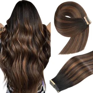Tape in Hair Extensions Real Human Hair 2 Inch Balayage Natural Black Mixed Chestnut Brown Skin Weft Hair Extension Invisible Tape in Hair Extensions for Women 20pcs (1B/1B/6#,22 Inch)