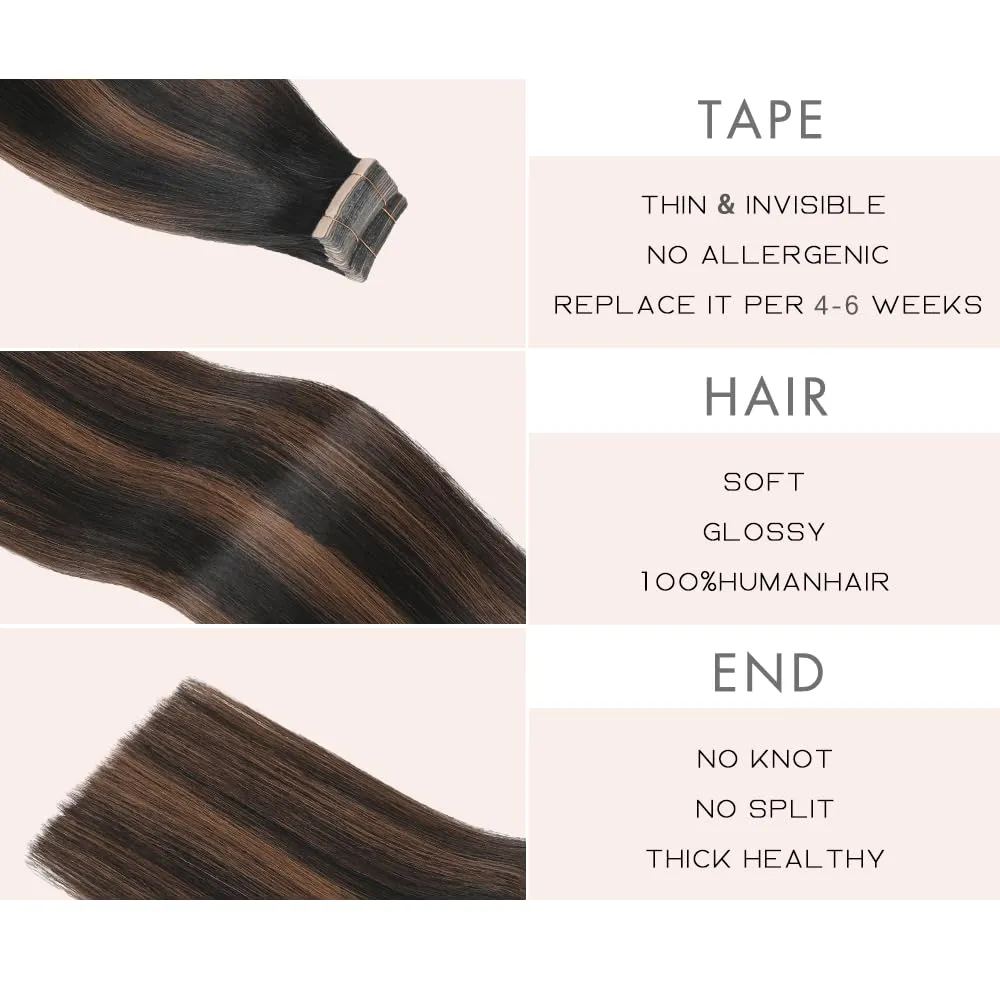 Tape in Hair Extensions Real Human Hair 2 Inch Balayage Natural Black Mixed Chestnut Brown Skin Weft Hair Extension Invisible Tape in Hair Extensions for Women 20pcs (1B/1B/6#,22 Inch)