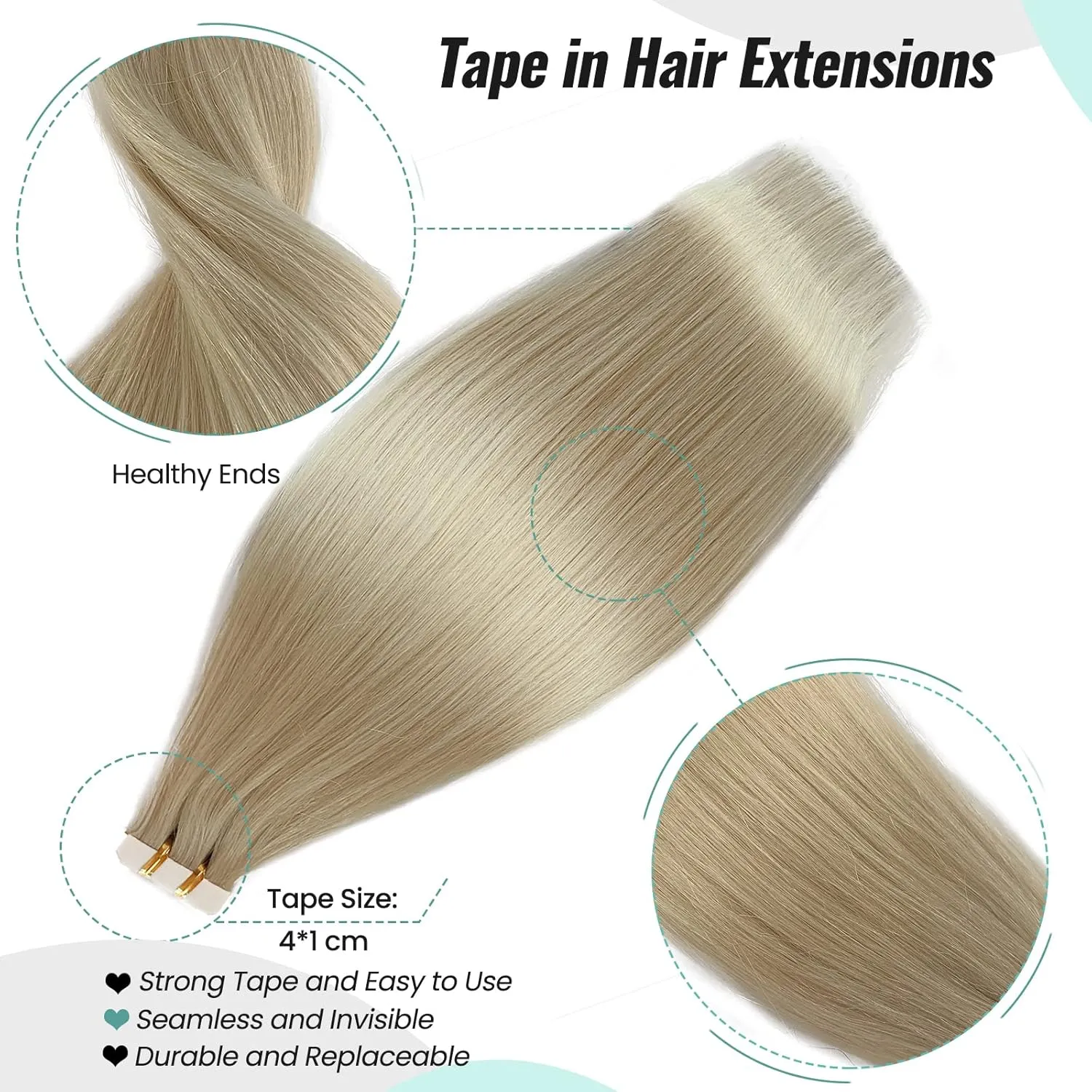 Tape in Human Hair Extensions, Blonde Real Remy Hair, Full Head Invisible Straight Tape in Platinum Blonde, 14 Inch 50g 20pcs