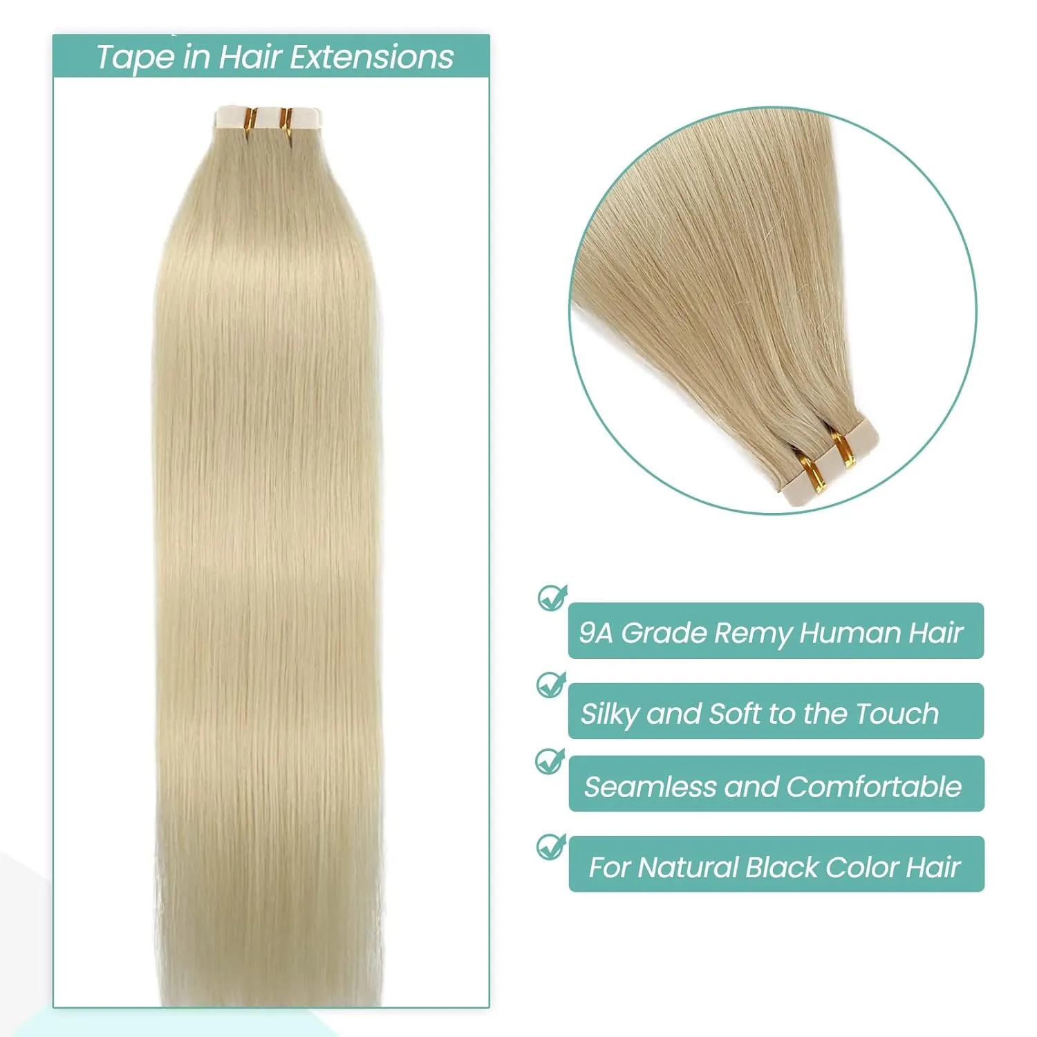 Tape in Human Hair Extensions, Blonde Real Remy Hair, Full Head Invisible Straight Tape in Platinum Blonde, 14 Inch 50g 20pcs