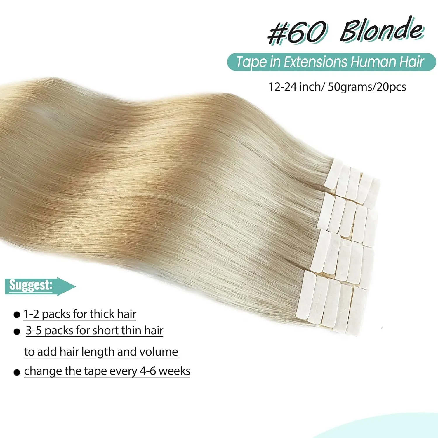 Tape in Human Hair Extensions, Blonde Real Remy Hair, Full Head Invisible Straight Tape in Platinum Blonde, 14 Inch 50g 20pcs
