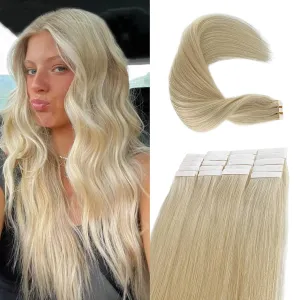 Tape in Human Hair Extensions, Blonde Real Remy Hair, Full Head Invisible Straight Tape in Platinum Blonde, 14 Inch 50g 20pcs