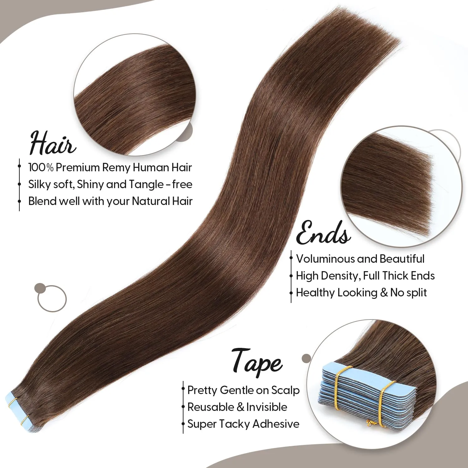 Tape in Human Hair Extensions, Remy Seamless, Chocolate Brown(#4) Straight, Silky & Thick, 14 Inch, 20pcs 40g, Easy to Install, Real Human Hair