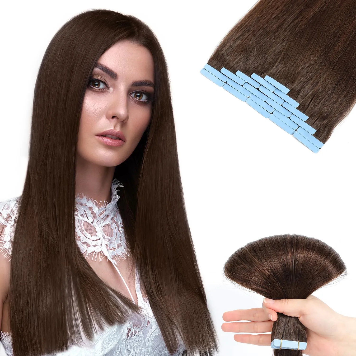 Tape in Human Hair Extensions, Remy Seamless, Chocolate Brown(#4) Straight, Silky & Thick, 14 Inch, 20pcs 40g, Easy to Install, Real Human Hair