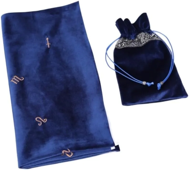Tarot Tablecloth Embroidered Horoscope Square Divination With Bag Tarot Cloth Tarot Tablecloth And Bag Set (Blue)