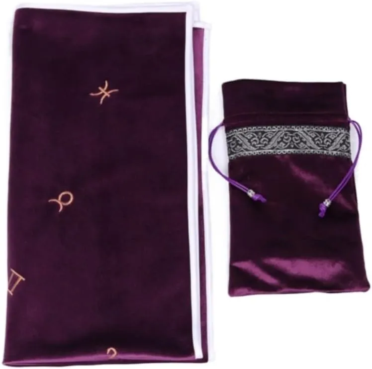 Tarot Tablecloth Embroidered Horoscope Square Divination with Bag Tarot Cloth Tarot Tablecloth and Bag Set (Purple)
