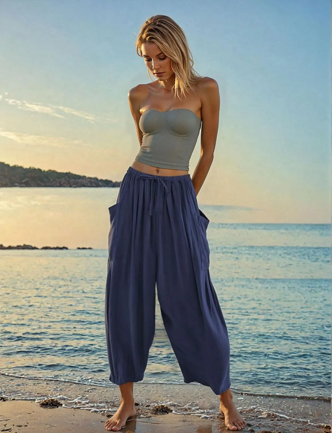 TARSE Womens Linen Wide Leg Pants Casual Loose Drawstring Summer Beach Travel Vacation Palazzo Harem Pants with Pockets
