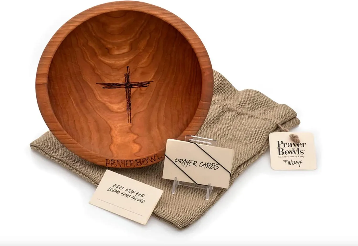 The Noah Bowl PrayerBowl | Hand Made In USA | Christian Gift | Cherry Wood | 25 PrayerCards | Rustic Linen Gift Bag | 9 1/4 x 2 1/4" | Gift For Him | Gift For Her |